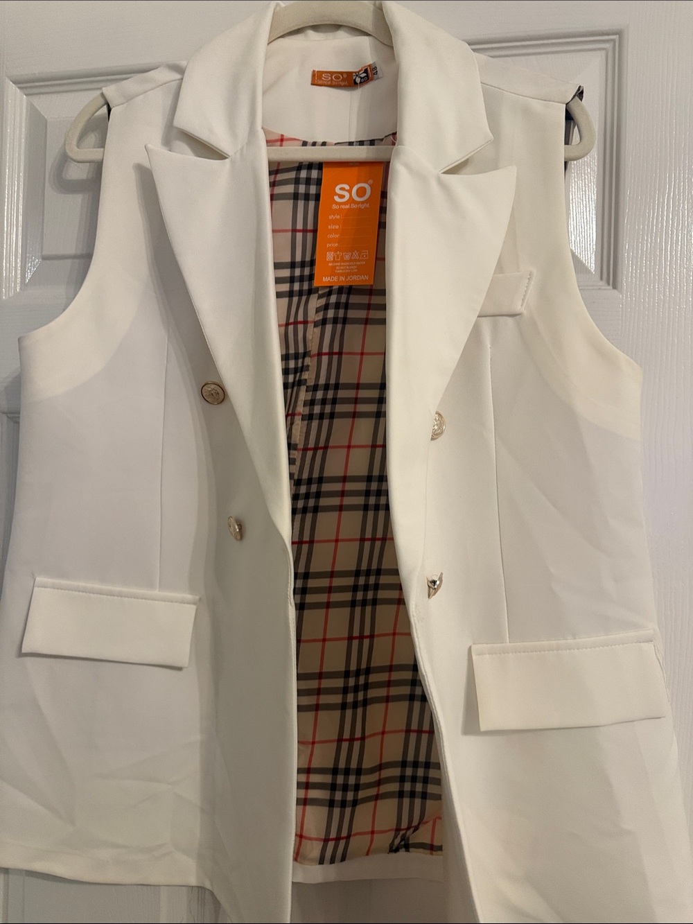 SO White Sleeveless Double-Breasted Blazer with Plaid Lining